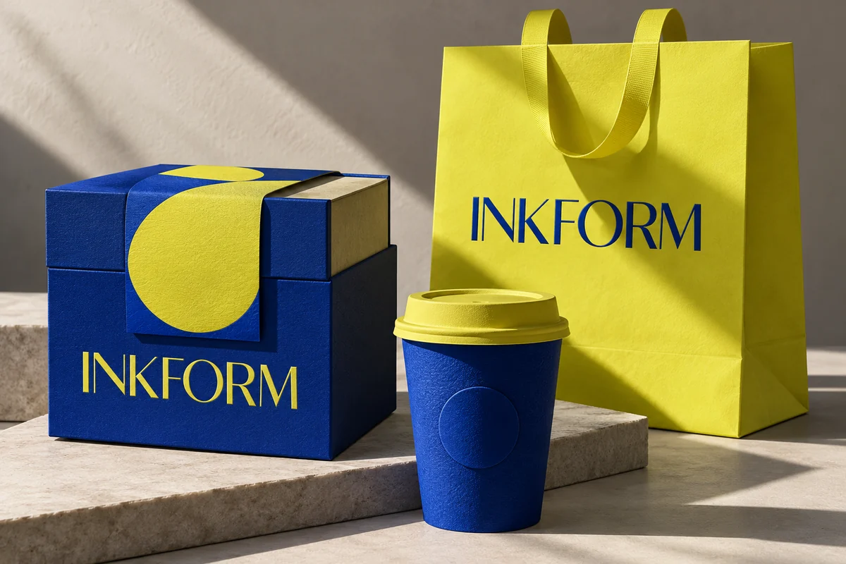 AI concept of blue and yellow packaging with a paper bag and labels